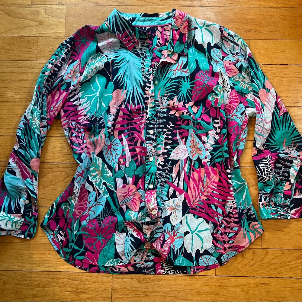 Talbots Tropical Floral Button-Front Shirt in Teal & Magenta